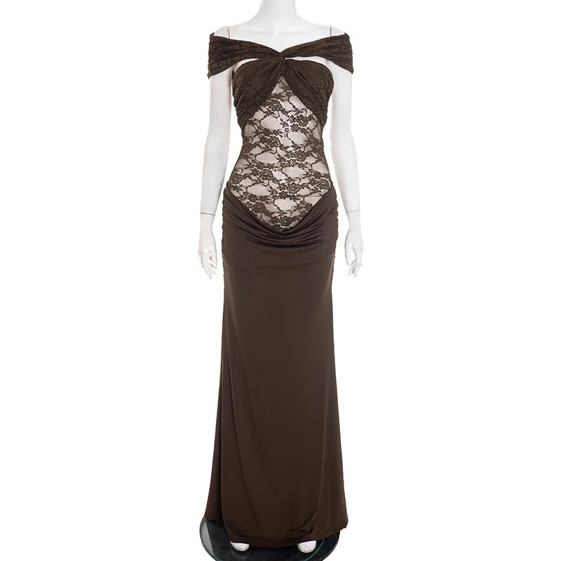 Brown evening gown with lace detailing on a mannequin against a white background