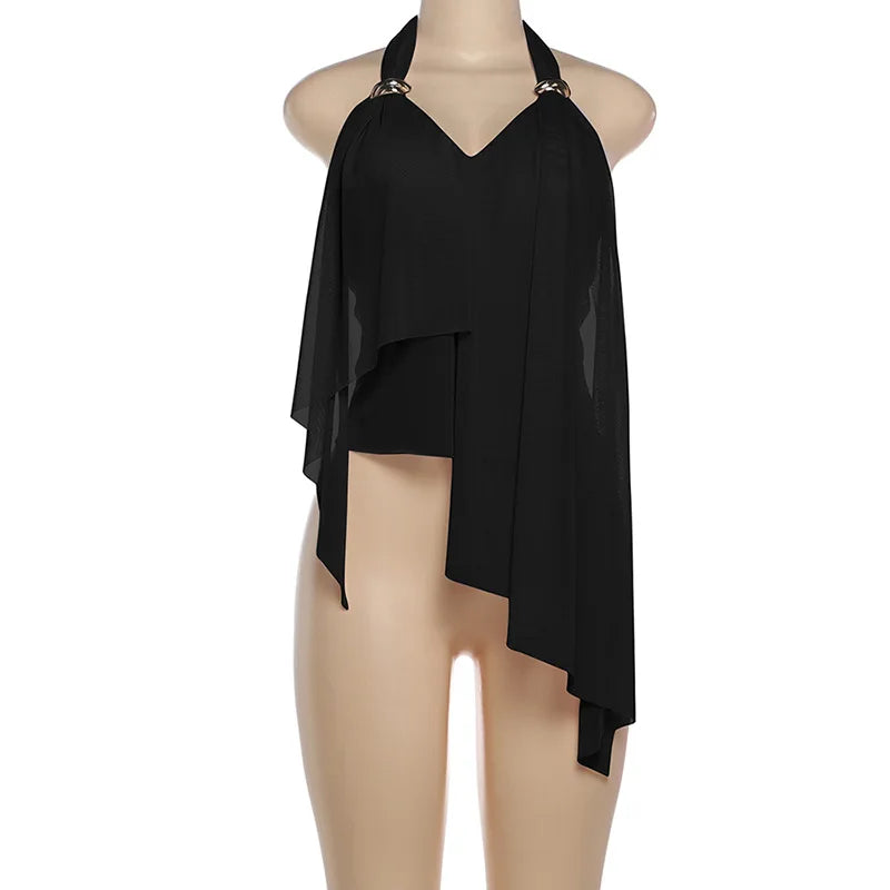 Black halter top with draped design on a mannequin against a white background