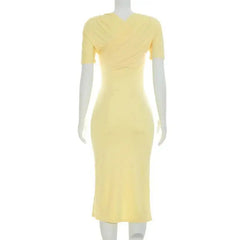 Ruched Cross Neck Short Sleeve Maxi Dress