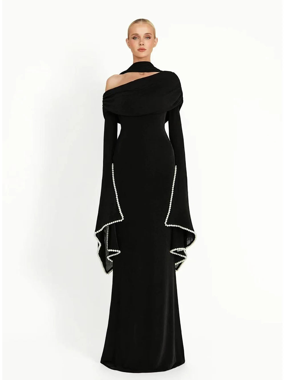 Off shoulder trumpet sleeve beaded neck long black dress front view