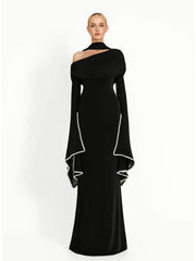 Off shoulder trumpet sleeve beaded neck long black dress front view