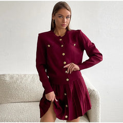 Elegant Burgundy Red Coat and Mini Skirt Set – Slim Fit Autumn Women’s Outfit