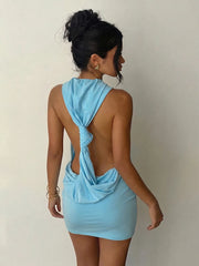 Blue mini dress with knotted back detail