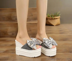 Butterfly-Knot Wedge Cotton Fabric Platform Shoes