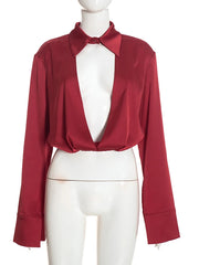 Satin Front Hollow Out Draped Long Sleeve Shirt