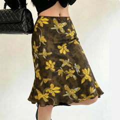Dark brown floral print A-line midi skirt