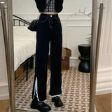 Lace Spliced Straight Wide Leg Denim Black Slit Trouser