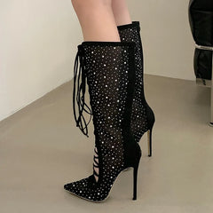 Mesh Rhinestone Lace Up Knee High Boots