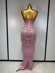Rhinestone Fringe Bodycon Long Dress