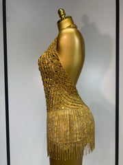 Gold rhinestone halter bodysuit back view