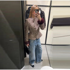 Faux Fur Cuffs Plaid Stand Collar Jacket