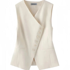 Beige vest with button details on a white background