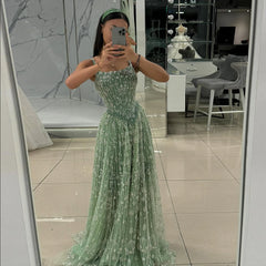 Person wearing a green lace dress taking a mirror selfie in an indoor setting.