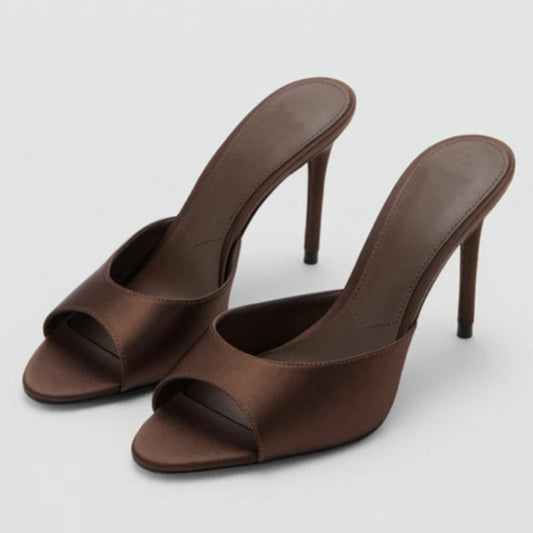 Brown satin stiletto heel mules with open toe