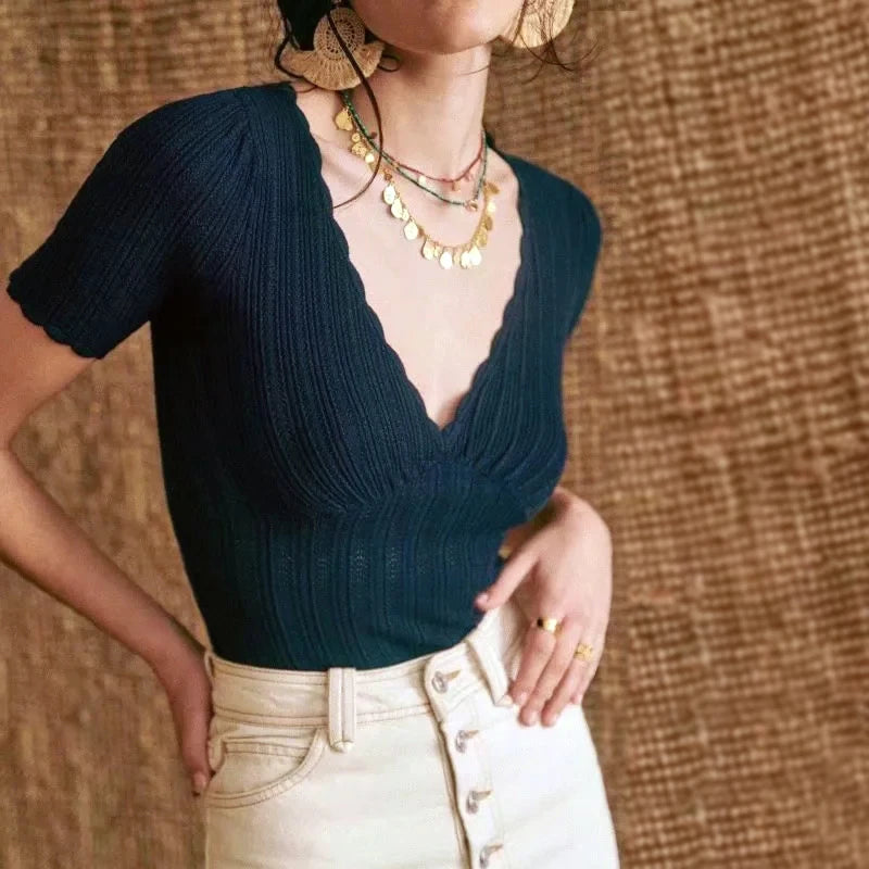 Women V Neck Knitted Crochet Tee