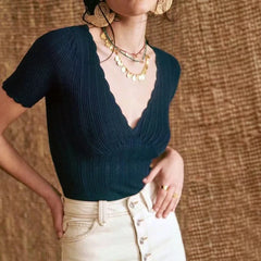 Women V Neck Knitted Crochet Tee