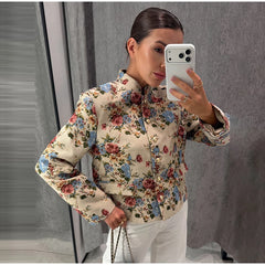 Floral Mandarin Collar Cropped Jacket