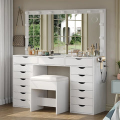 Vanity Desk with Mirror and Lights, Charging Station,15 Drawers