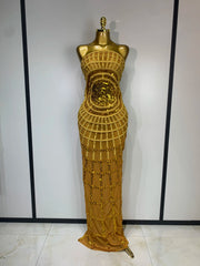 Strapless sheer mesh sequin embellished column maxi dress in gold.