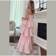 Back view of a strapless ruffle maxi dress