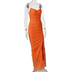 Ruched High Slit Spaghetti Strap Maxi Dress