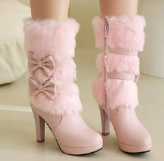 High Heel Boots Fur Tassel Bowtie Lolita Zip High Boots