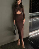Ruched Long Sleeve Hollow Out Dress Maxi Dress