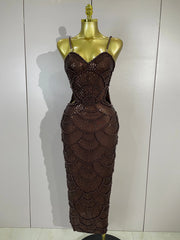 Pearl Beaded Sequins Spaghetti Strap Bodycon Long Dress