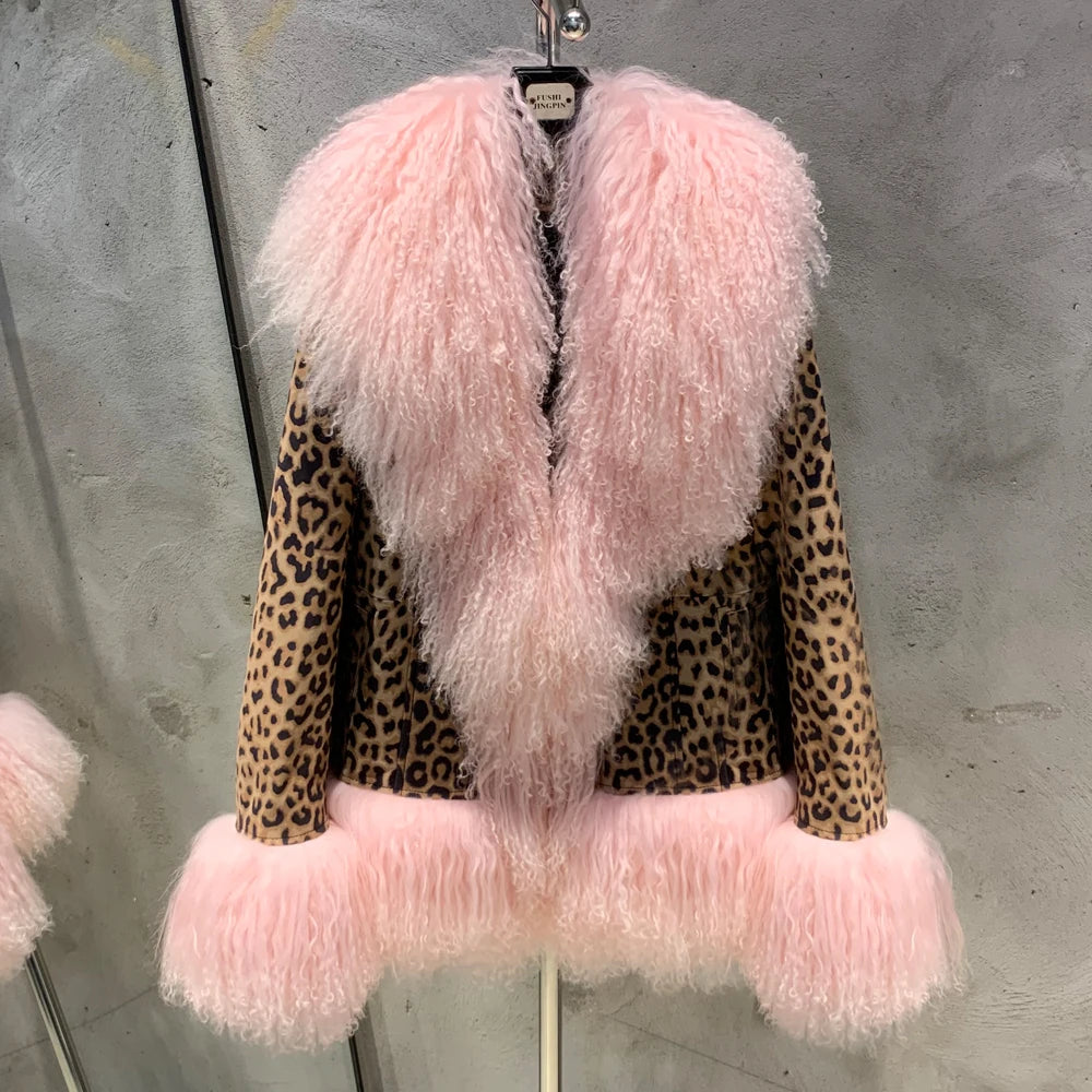 Pink fluffy jacket with leopard print pattern on a gray background