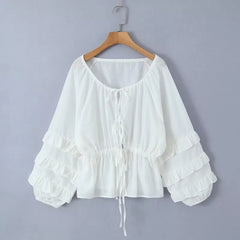 Women White Lace Up Ruffle Oversized Cover-up Top