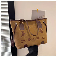 Cute Cat Face Suede Shoulder Tote Bag
