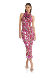 Elegant slim fit pink midi dress designed for cocktail events
