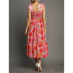 Floral Print Smocked Square Neck Maxi Dress