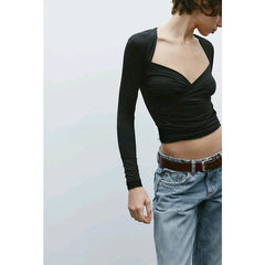 Long Sleeve V-neck Sold Drape Top