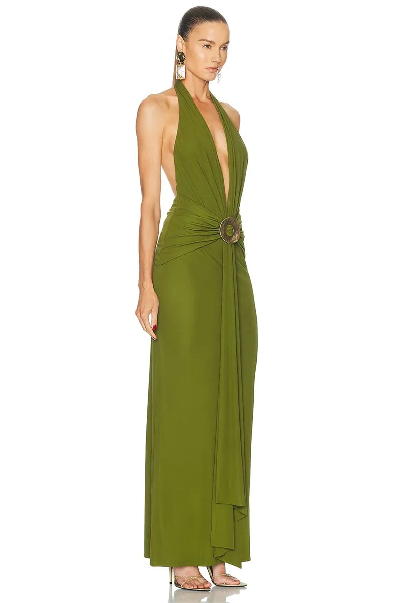 Halter draped gown side view