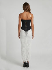 Beaded V-Neck Top and Ruched Skirt Set