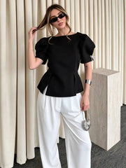 Puff Sleeve Boat Neck Peplum Blouse