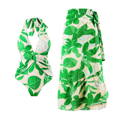 V-Neck Tie-Strap Swimsuit and Wrap Skirt Set