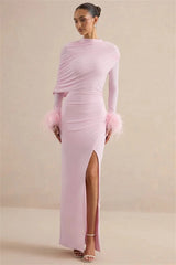 Pink draped feather cuff maxi dress