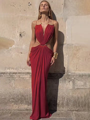 Halter Deep Neck Draped Cut Out Maxi Dress