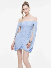 Close-up of the draped sleeves on a light blue mini dress