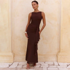 Brown sleeveless ruched maxi dress