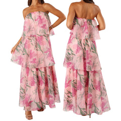 Floral Printed Strapless Ruffle Layered Long Dress
