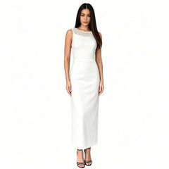 White sleeveless maxi dress with embellished neckline