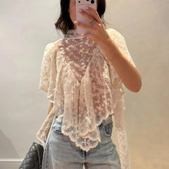 Floral Lace Mock Neck Asymmetrical Hem Top