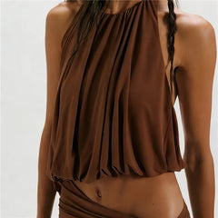 Brown gathered halter crop top