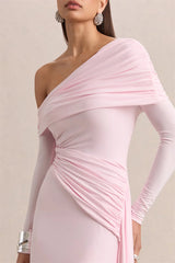 Diagonal Collar Ruched Draped Mini Dress