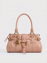 Structured Rivet Lock Shoulder Bag