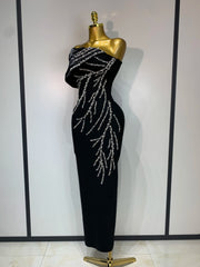 One Shoulder Diagonal Collar Beaded Long Dress
