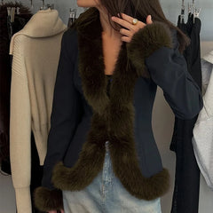 Fur Trim Long Sleeve Coat and Mini Skirt Set